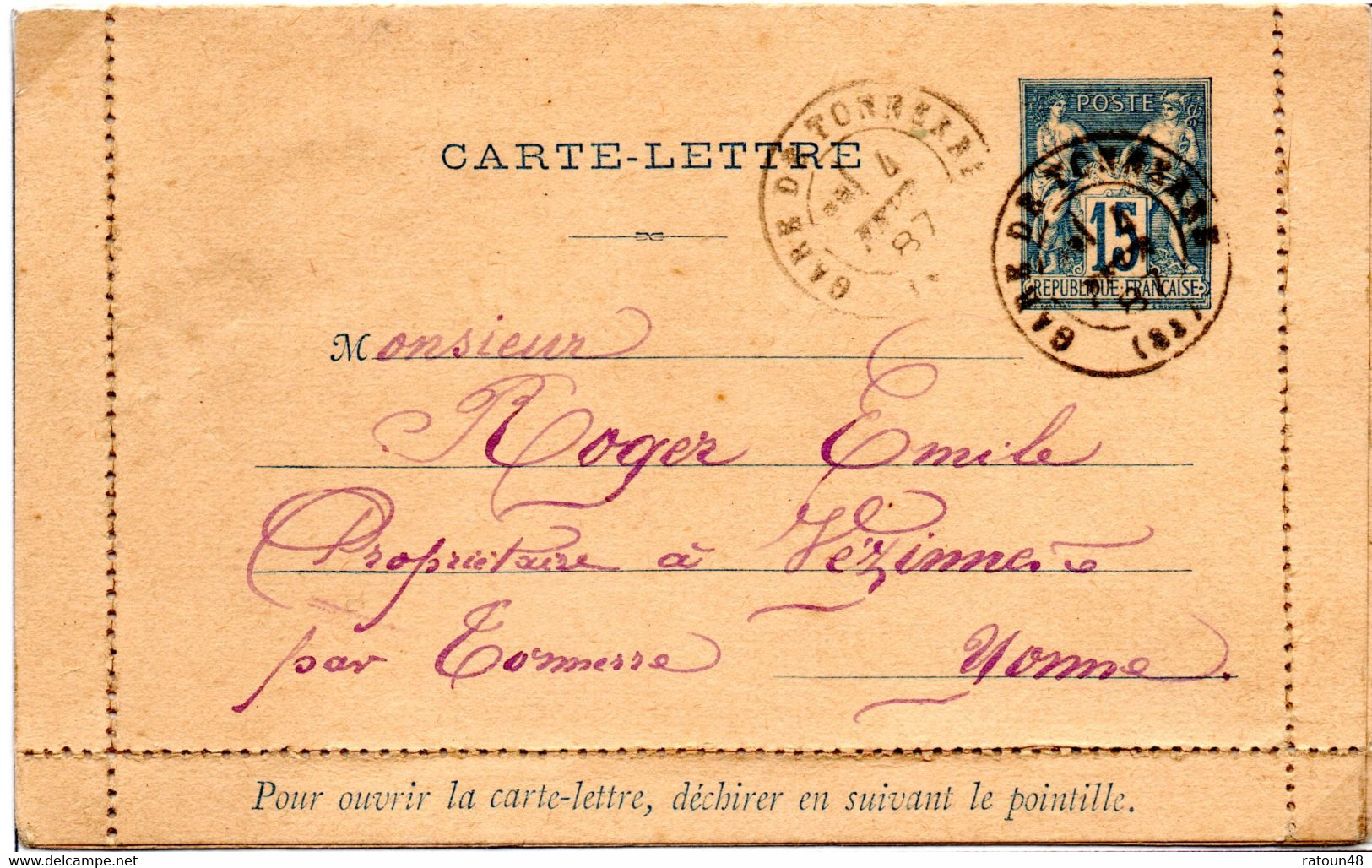 N° 90CL3  Cachet Rond Départ Gare De Tonnerre  Pour Vezinnes 1887 - Sobres Transplantados (antes 1995)