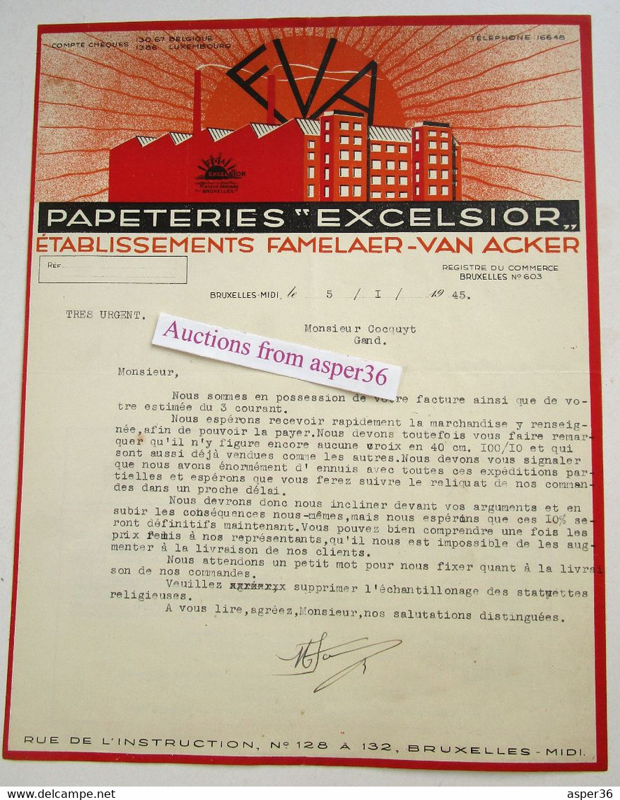 Papeteries Excelsior, FVA Ets Falelaer-Van Acker, Bruxelles 1945 - 1900 – 1949
