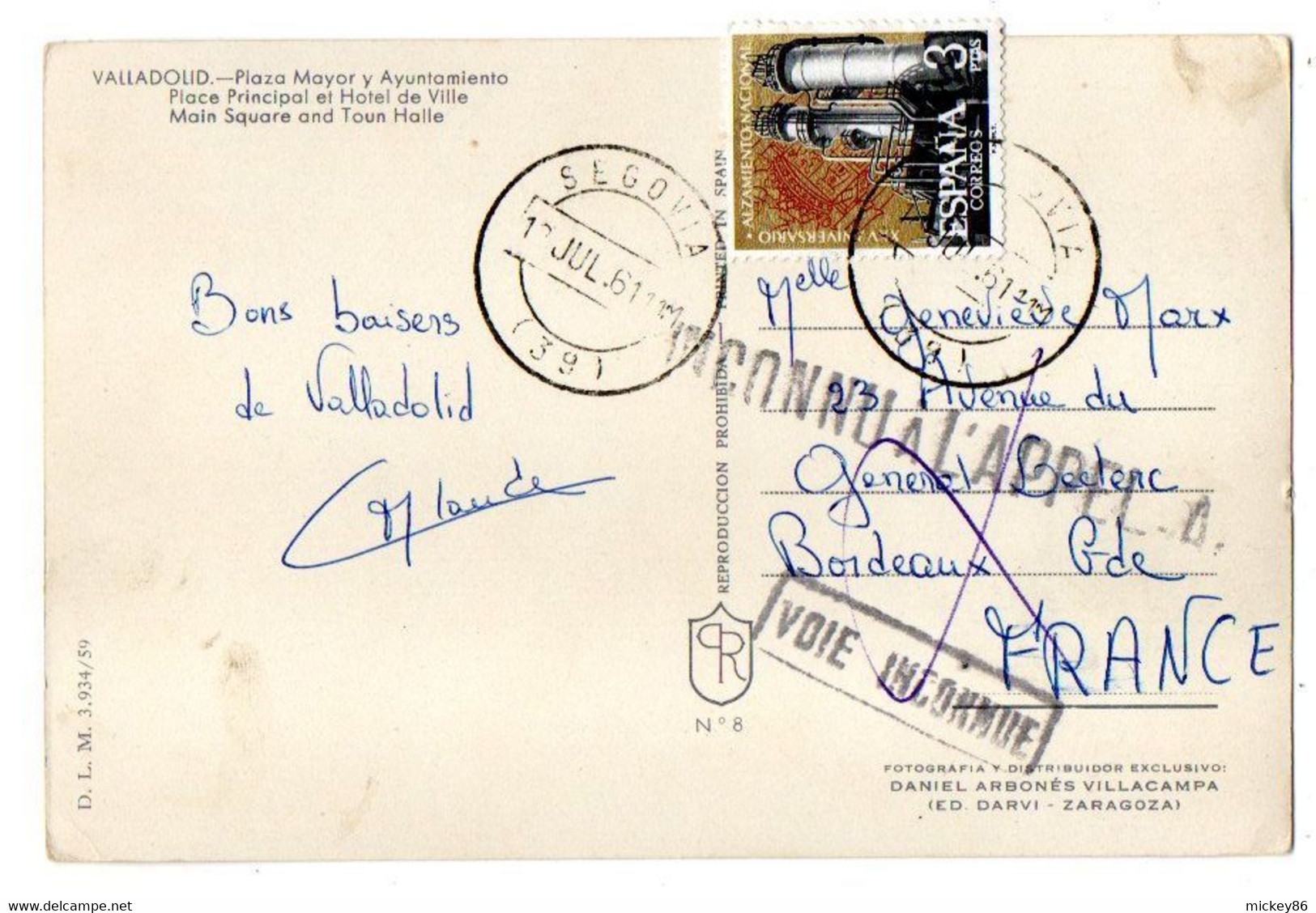 Espagne--VALLADOLID--1961--Plaza Mayor Et Hôtel De Ville (belle Voiture)...timbre... Cachet  SEGOVIA...........à Saisir - Valladolid