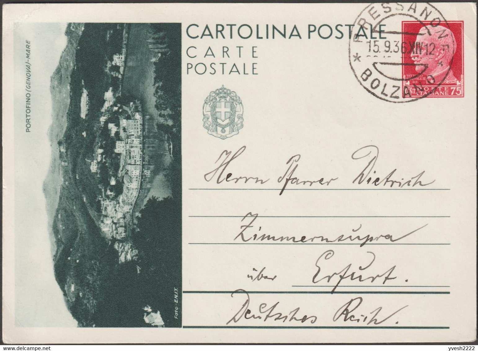 Italie 1936. Entier Postal Touristique Pour L'étranger. Portofino, Genova. Village Entre Mer Et Montagne. Bressanone - Montagne