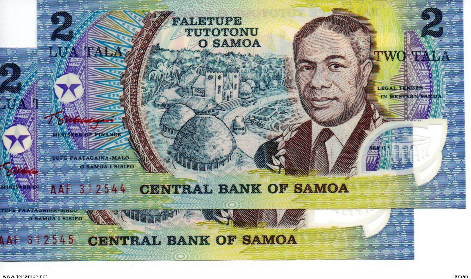 SAMOA   -   Lot De 2 Billets De 2 Tala - (1990)  -   UNC   -   Polymer - Numéros Consécutifs - Samoa