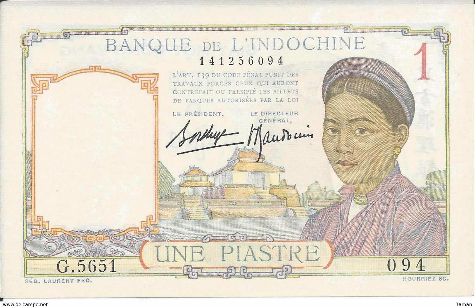 INDOCHINE  - 1  Piastre   Nd(1936)   -- UNC --    Indochina - Indochina