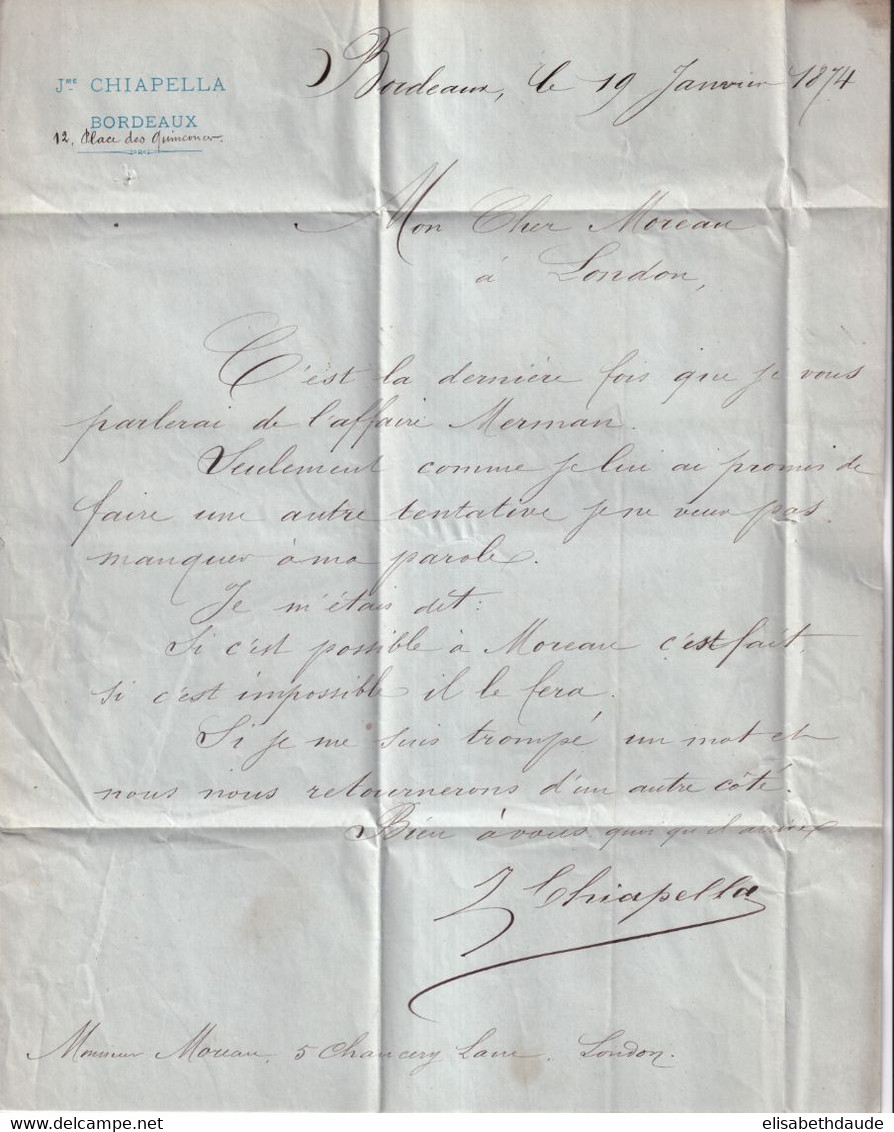 1874 - PAIRE CERES 15c Sur LETTRE De BORDEAUX => LONDON (ANGLETERRE) - 1871-1875 Cérès