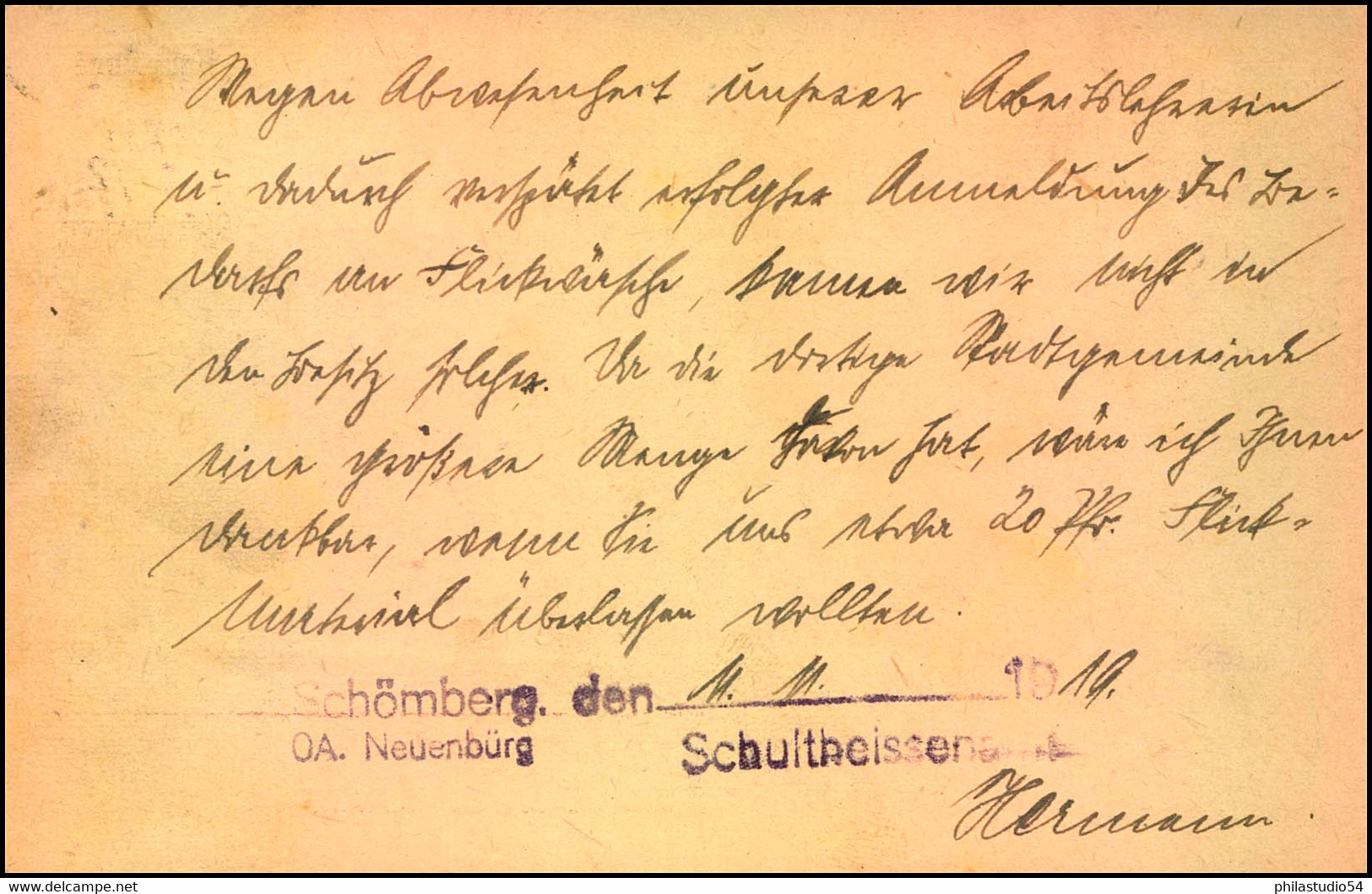 Dienstpostkarte 7 1/2 Auf 5 1/2 Mit Zusatzfrankatur Ab SCHÖMBERG. Druckdatum "4 19" Im Michel Nicht Registriert. - Hannover