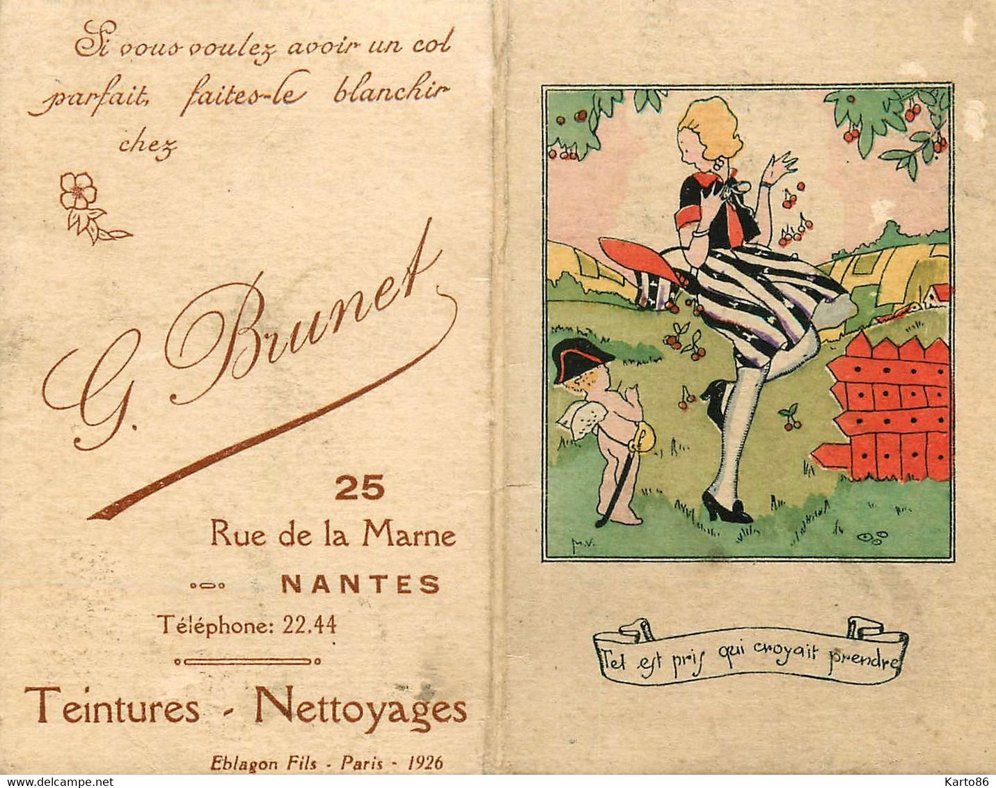 Petit Calendrier Ancien Publicitaire 1927 * Teintures Nettoyage BRUNET 25 Rue De La Marne Nantes * Calendar Almanach - Big : 1921-40