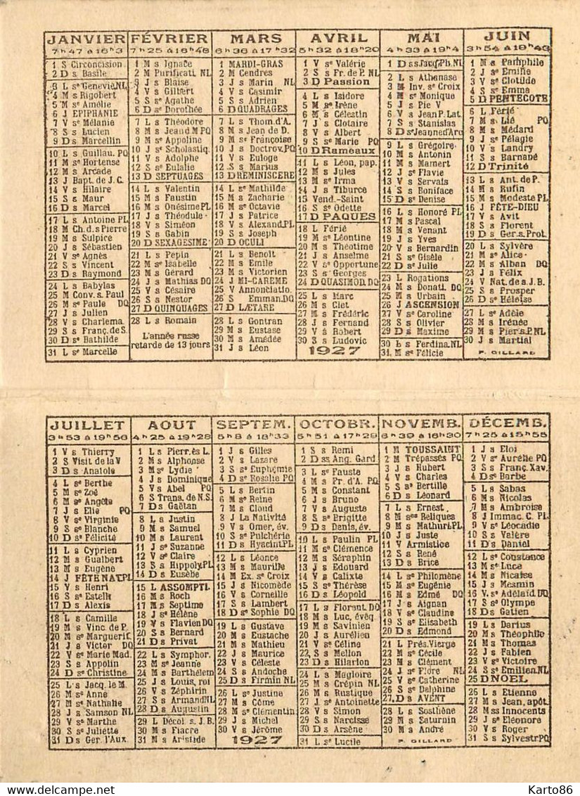 Petit Calendrier Ancien Publicitaire 1927 * Teintures Nettoyage BRUNET 25 Rue De La Marne Nantes * Calendar Almanach - Grand Format : 1921-40