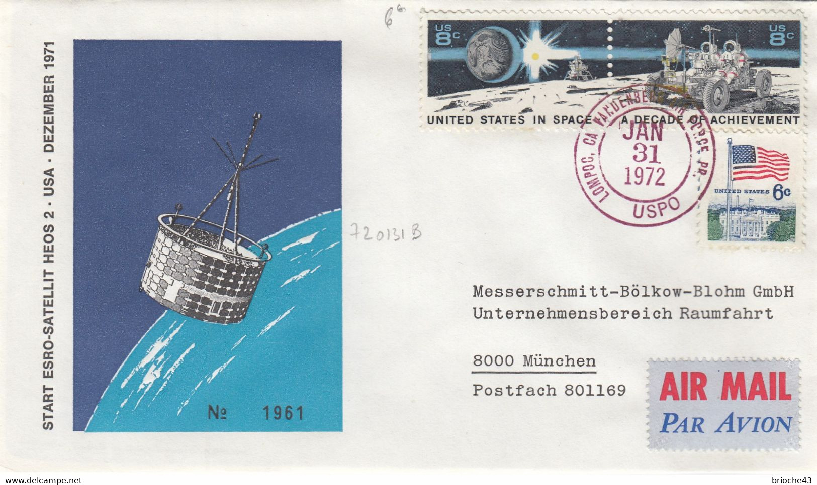 COVER US 8c - START ESRO-SATELLIT HEOS 2 -DECEMBER 1971   /3 - Other & Unclassified
