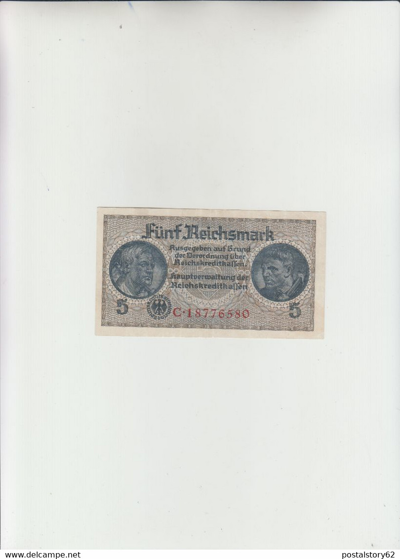 5 Reichsmark Banconota D'occupazione Tedesca 1940 - 1945 Spl   Piega - 5 Reichsmark