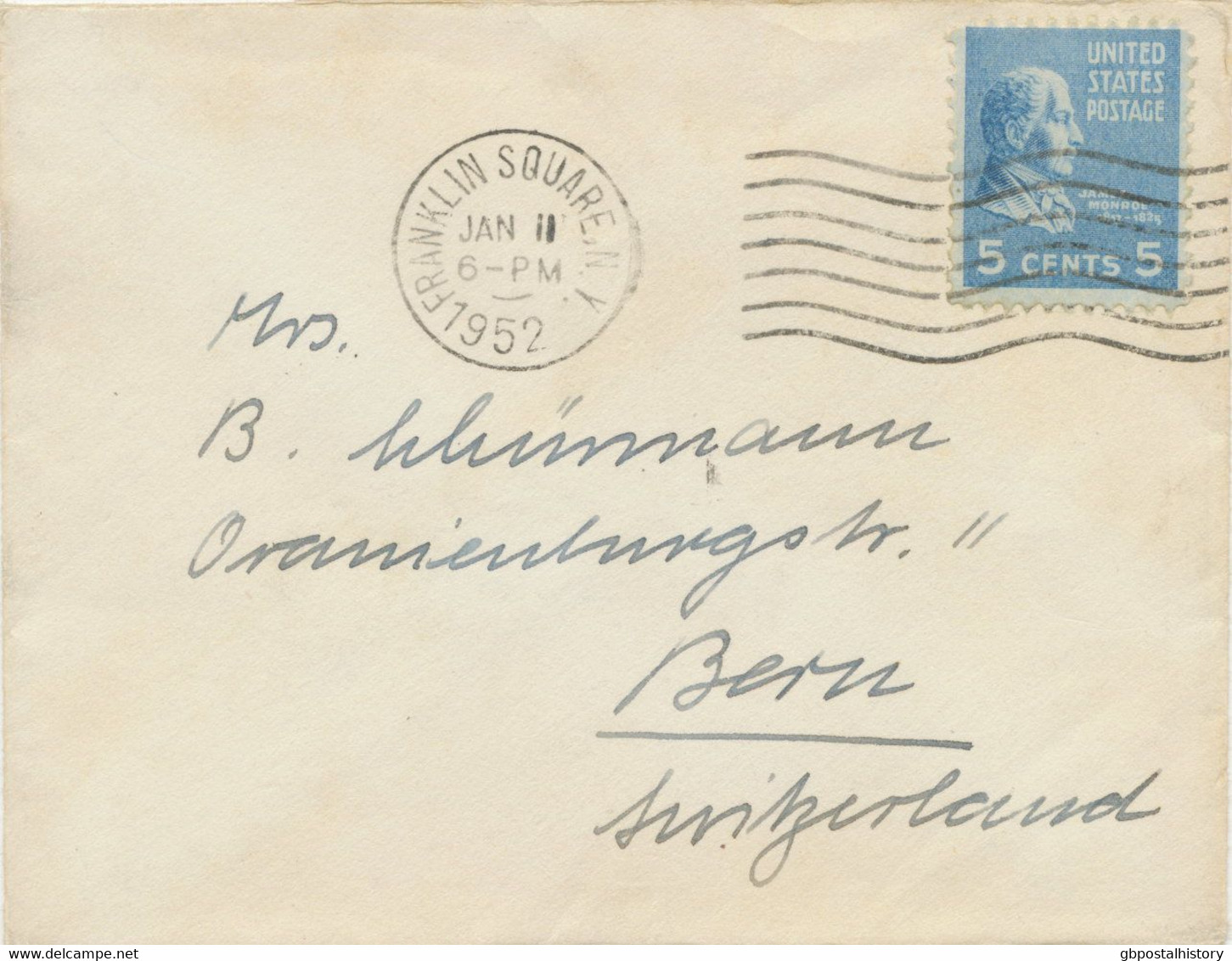 USA 1952 5 C James Monroe (1758-1831), 5th. President (gov. 1817-1825) On Superb Small Cover (so Called Lady Cover) From - Briefe U. Dokumente