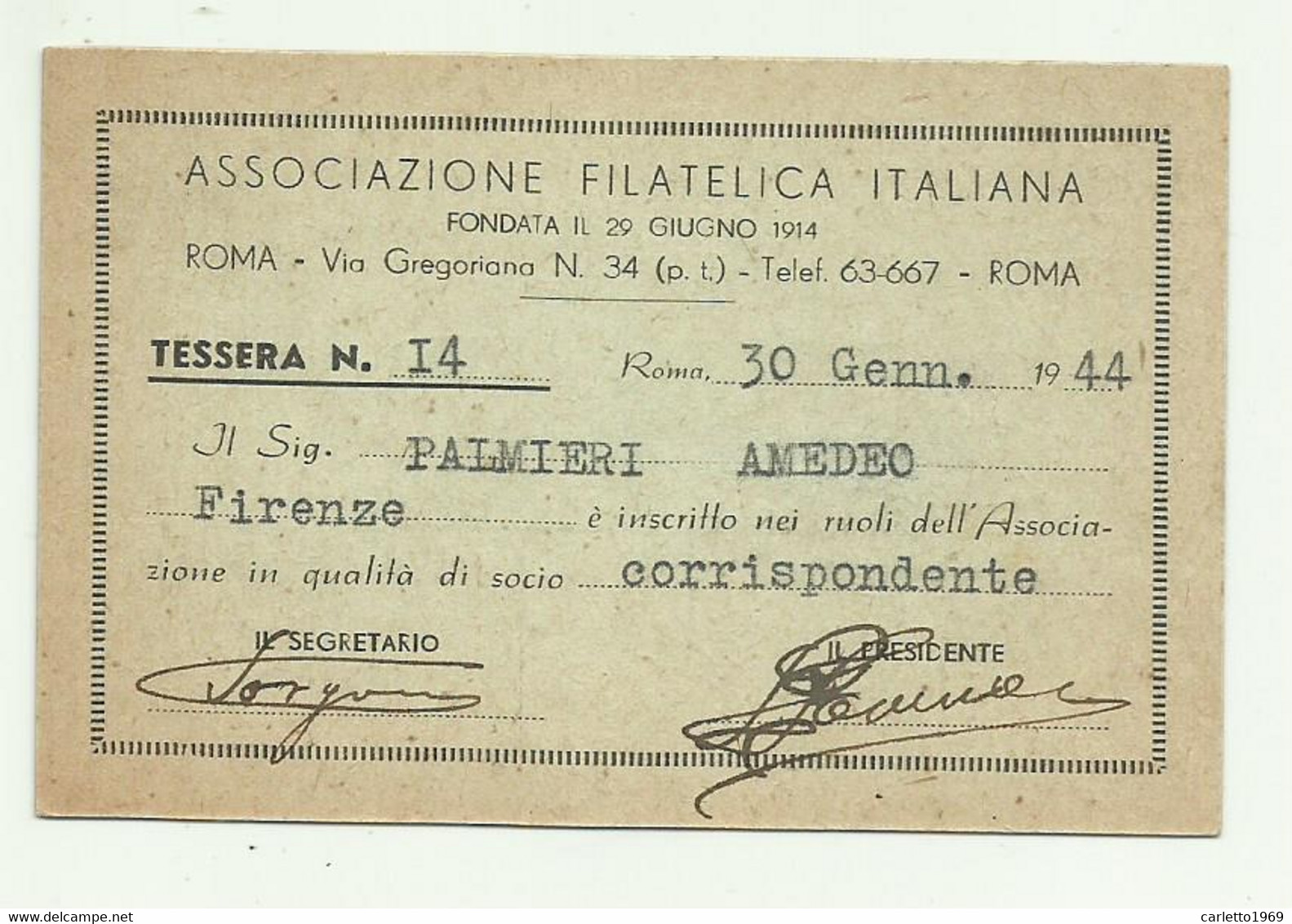 TESSERA ASSOCIAZIONE FILATELICA ITALIANA  1944 - Collezioni