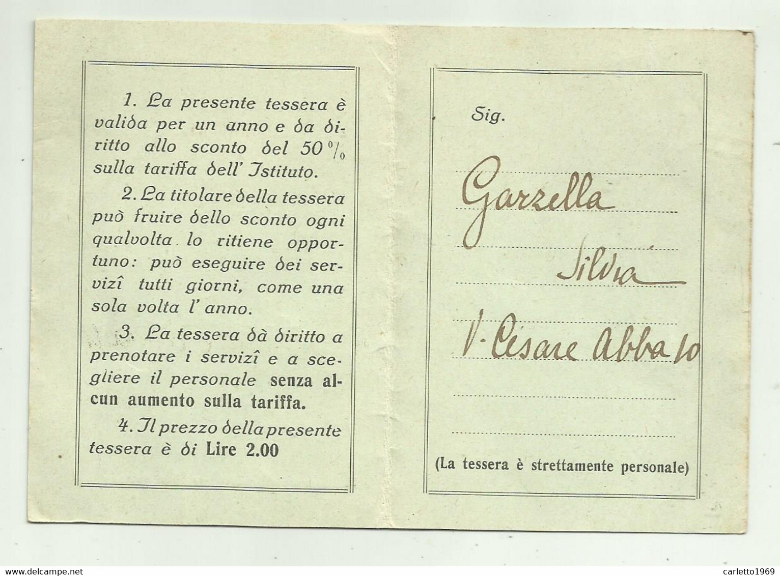 TESSERA ISTITUTO DI BELLEZZA ENRICHETTA BORGHI 1929 - Sammlungen