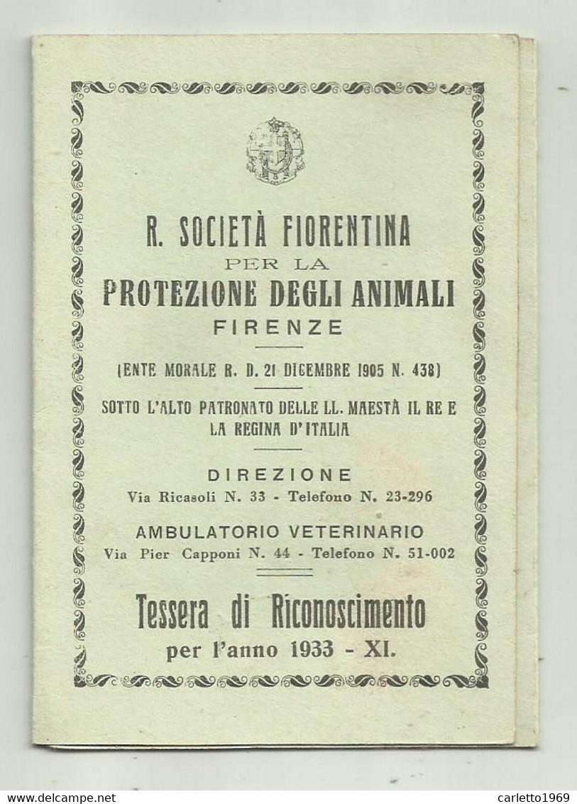 TESSERA PROTEZIONE DEGLI  ANIMALI FIRENZE ANNO 1933 - Verzamelingen