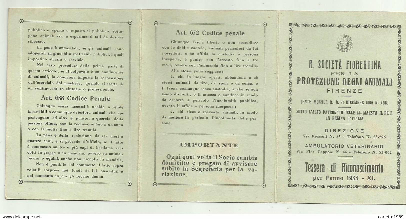 TESSERA PROTEZIONE DEGLI  ANIMALI FIRENZE ANNO 1933 - Collections