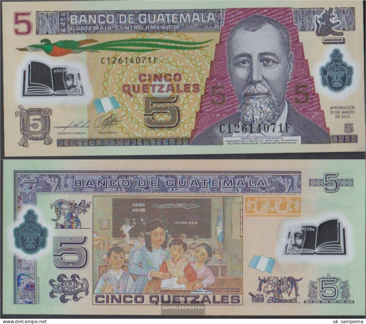 Guatemala Pick-number: 122d Uncirculated 2013 5 Quetzales - Guatemala