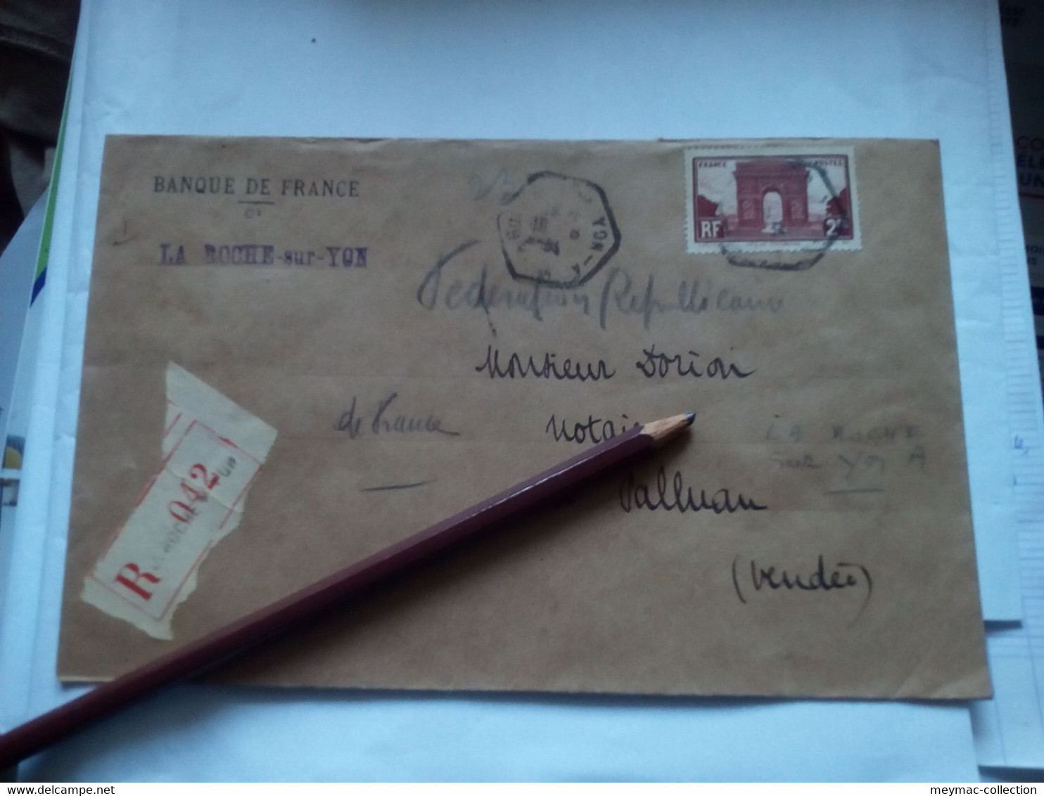 1934 LETTRE RECOMMANDE 2e éch RECETTE AUXILIAIRE URBAINE RAU LA ROCHE SUR YON 1934 Tp Arc De Triomphe Banque De France - Tariffe Postali