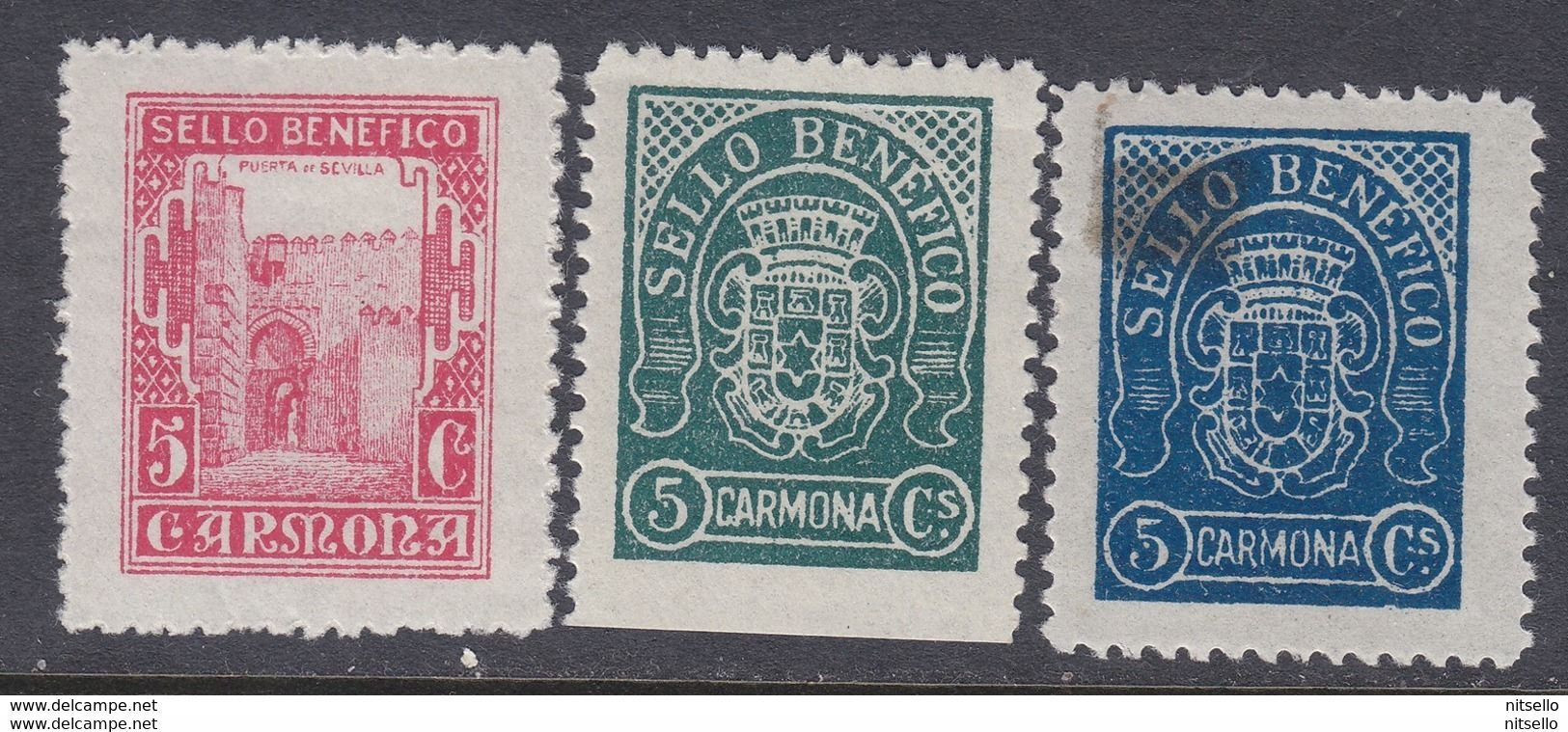 LOTE 2112E   ///  (C105)  ESPAÑA 3 VIÑETAS CARMONA (SEVILLA) Nº 1, 2 Y 17 CATALOGO FESOFI/SOFIMA - Verschlussmarken Bürgerkrieg