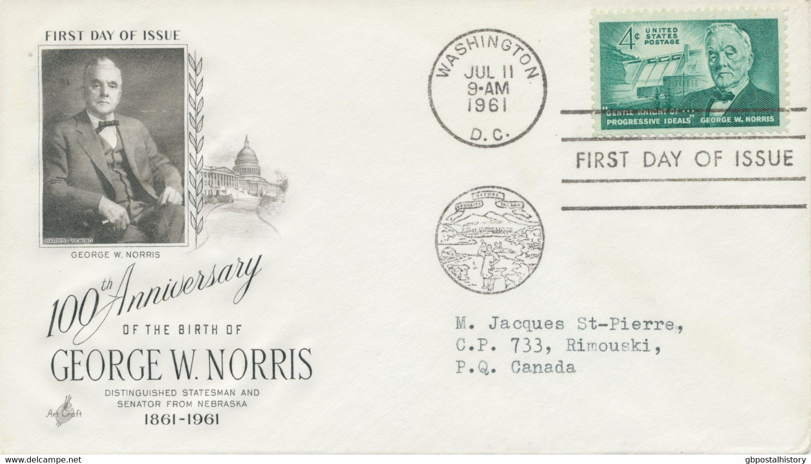 USA 1961 4C 100th Birthday Of George Norris (1861-1944), Senator; Norrisdam, TN Superb FDC With Rare Special Handstamp - Covers & Documents