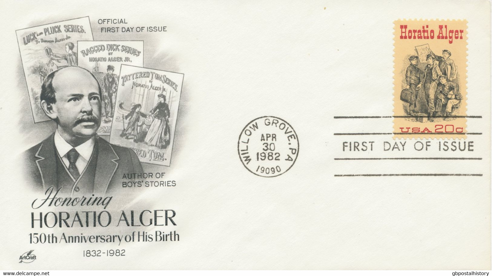 USA 1982, 20 C 150th Birthday Of Writer Horatio Alger On Superb FDC With FDI „WILLOW GROVE, P.A / 19090“ - Briefe U. Dokumente