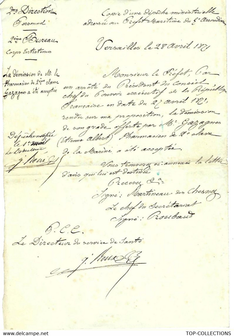 1871 GUERRE DE 1870-1871 VERSAILLES MARINE COLONIES SANTE  J. Roux Directeur Service Santé PORT DE TOULON Sign. - Other & Unclassified