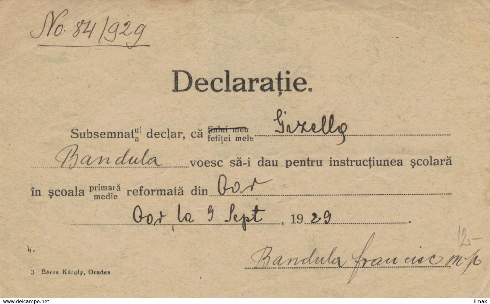 Rumänien Steuermarken Bestätigung Bandula Schulbesuch Reformierte Schule 1929 - Fiscale Zegels