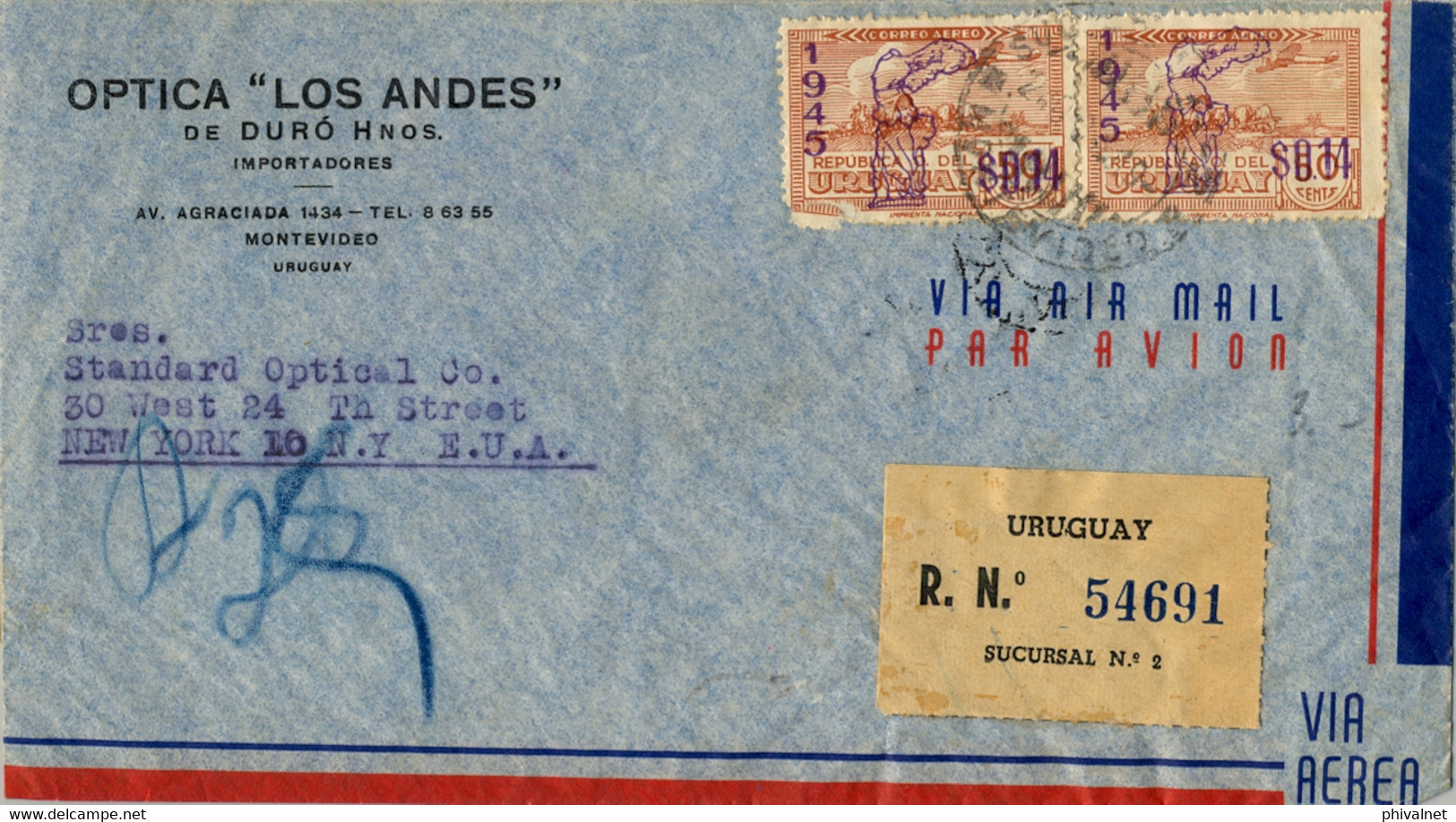 1946 URUGUAY , SOBRE CERTIFICADO , MONTEVIDEO - NEW YORK , VIA AÉREA , LLEGADA AL DORSO , ÓPTICA - Uruguay