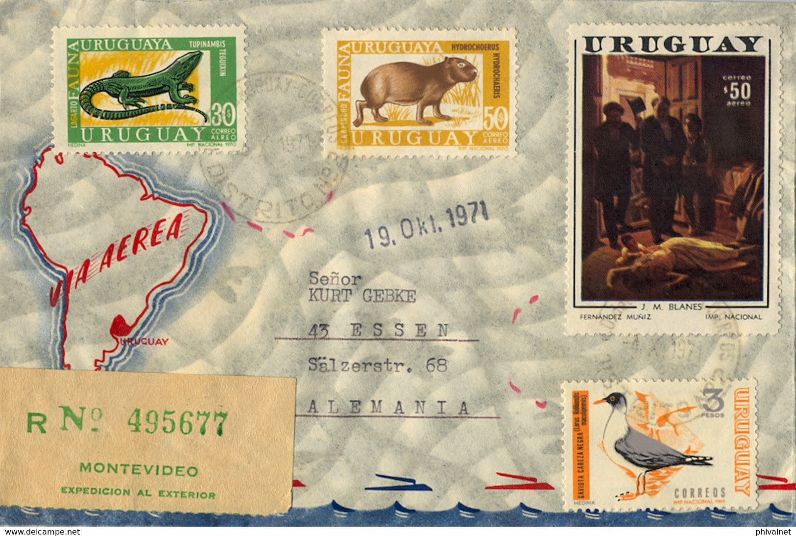 1971 URUGUAY ,  CERTIFICADO , MONTEVIDEO - ESSEN , VIA AÉREA , ARTE , FAUNA URUGUAYA , AVES , REPTILES - Uruguay