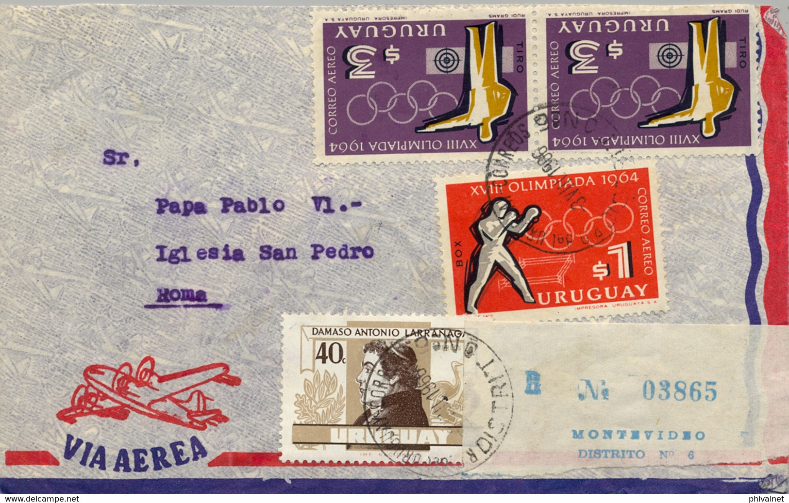 1966 URUGUAY ,  CERTIFICADO , MONTEVIDEO - ROMA , LLEGADA AL VATICANO AL DORSO , OLIMPIADAS , BOXEO , TIRO , LARRAÑAGA - Uruguay