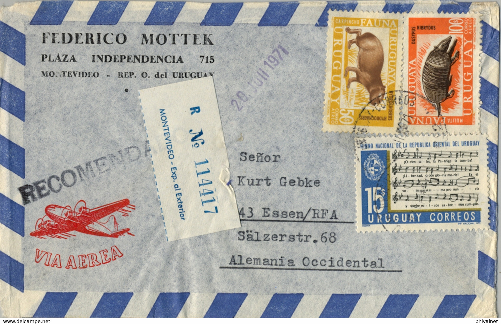 1971 URUGUAY ,  CERTIFICADO , MONTEVIDEO - ESSEN , VIA AÉREA , HIMNO NACIONAL , FAUNA URUGUAYA - Uruguay