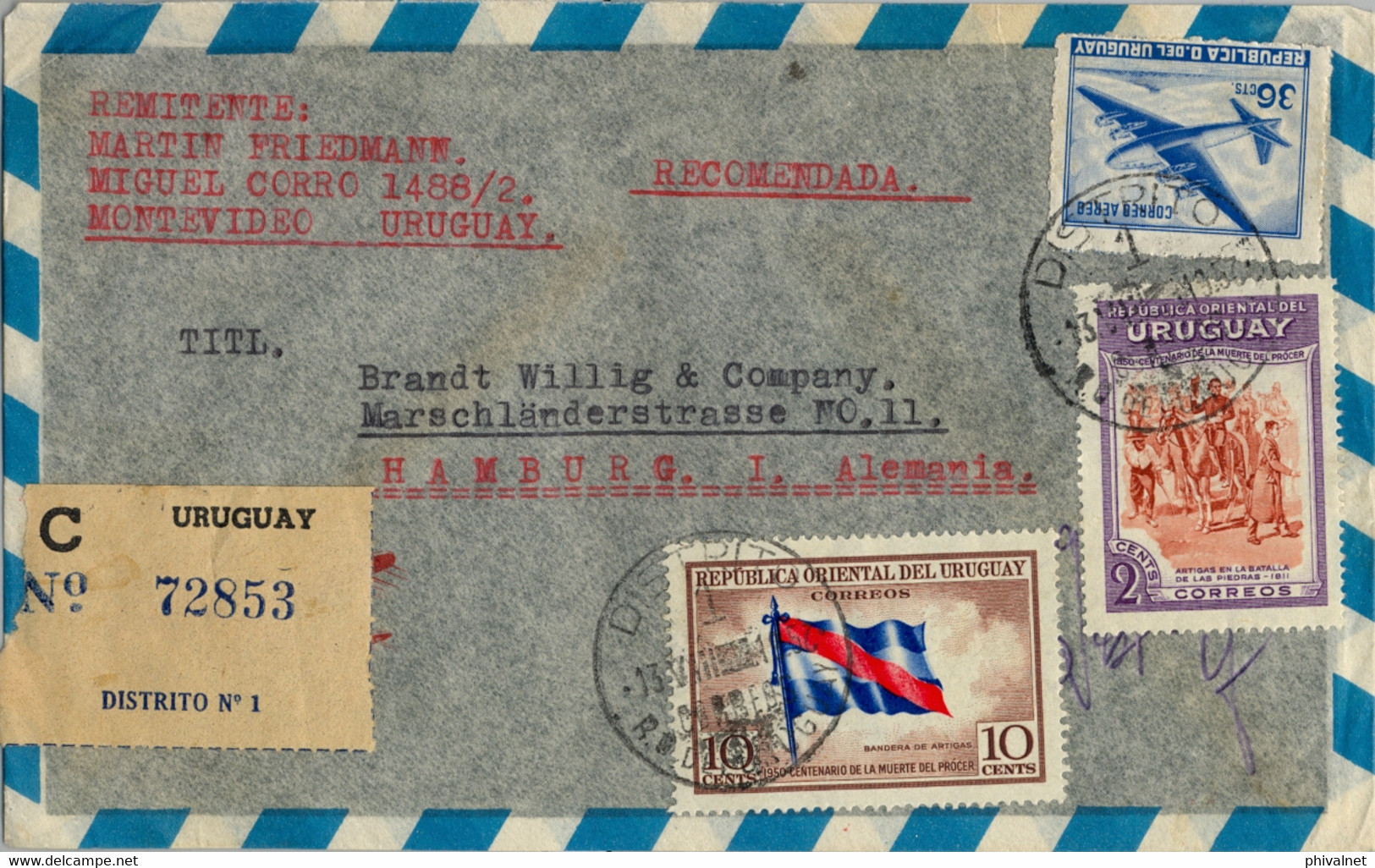 1952 URUGUAY ,  CERTIFICADO , MONTEVIDEO - HAMBURGO , VIA AÉREA , LLEGADA AL DORSO , ARTIGAS , BANDERAS , FLAGS - Uruguay