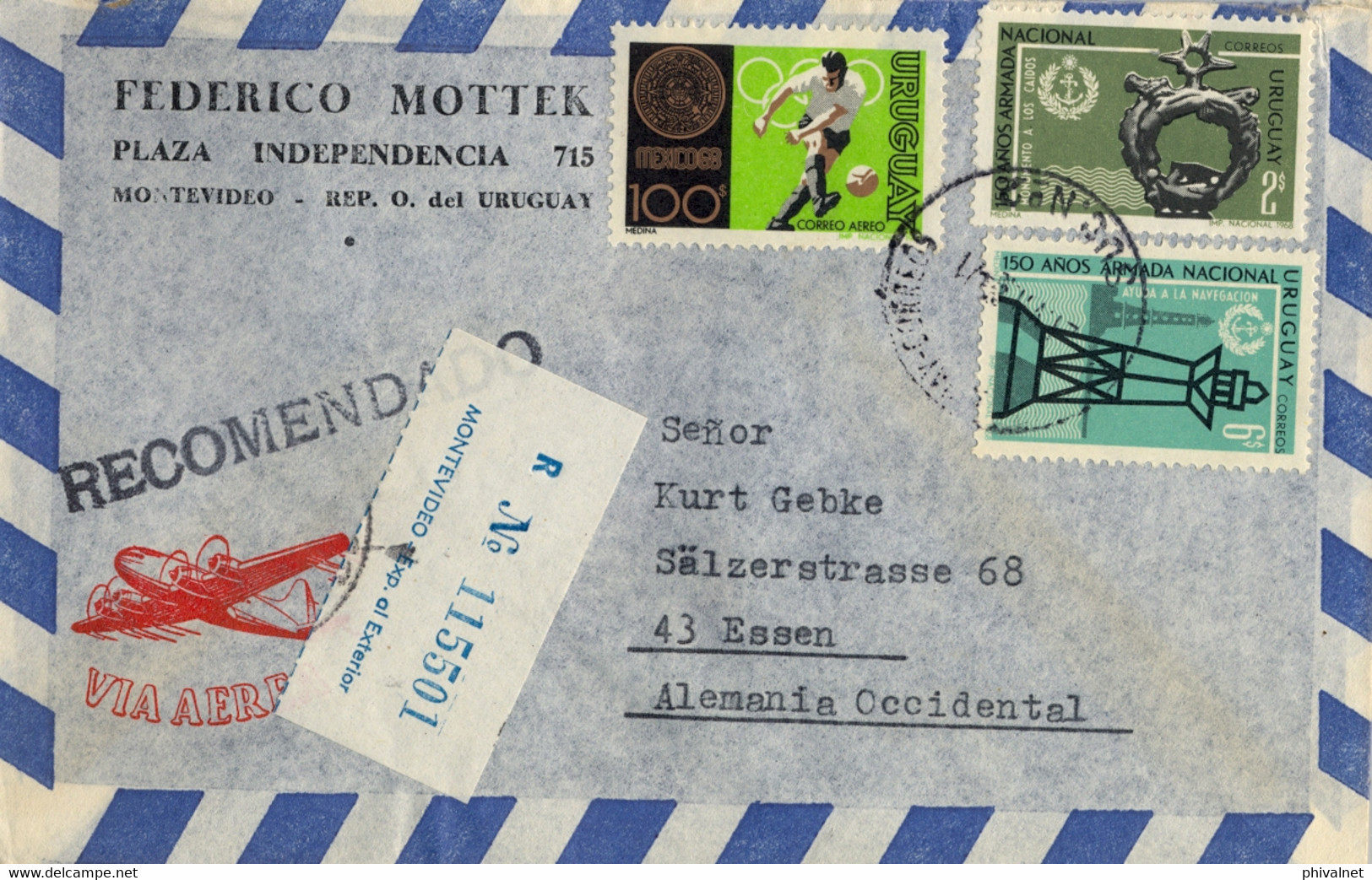 1971  URUGUAY ,  CERTIFICADO , MONTEVIDEO - ESSEN , VIA AÉREA , FÚTBOL , SOCCER , ARMADA NACIONAL , ARMY , NAVY - Uruguay