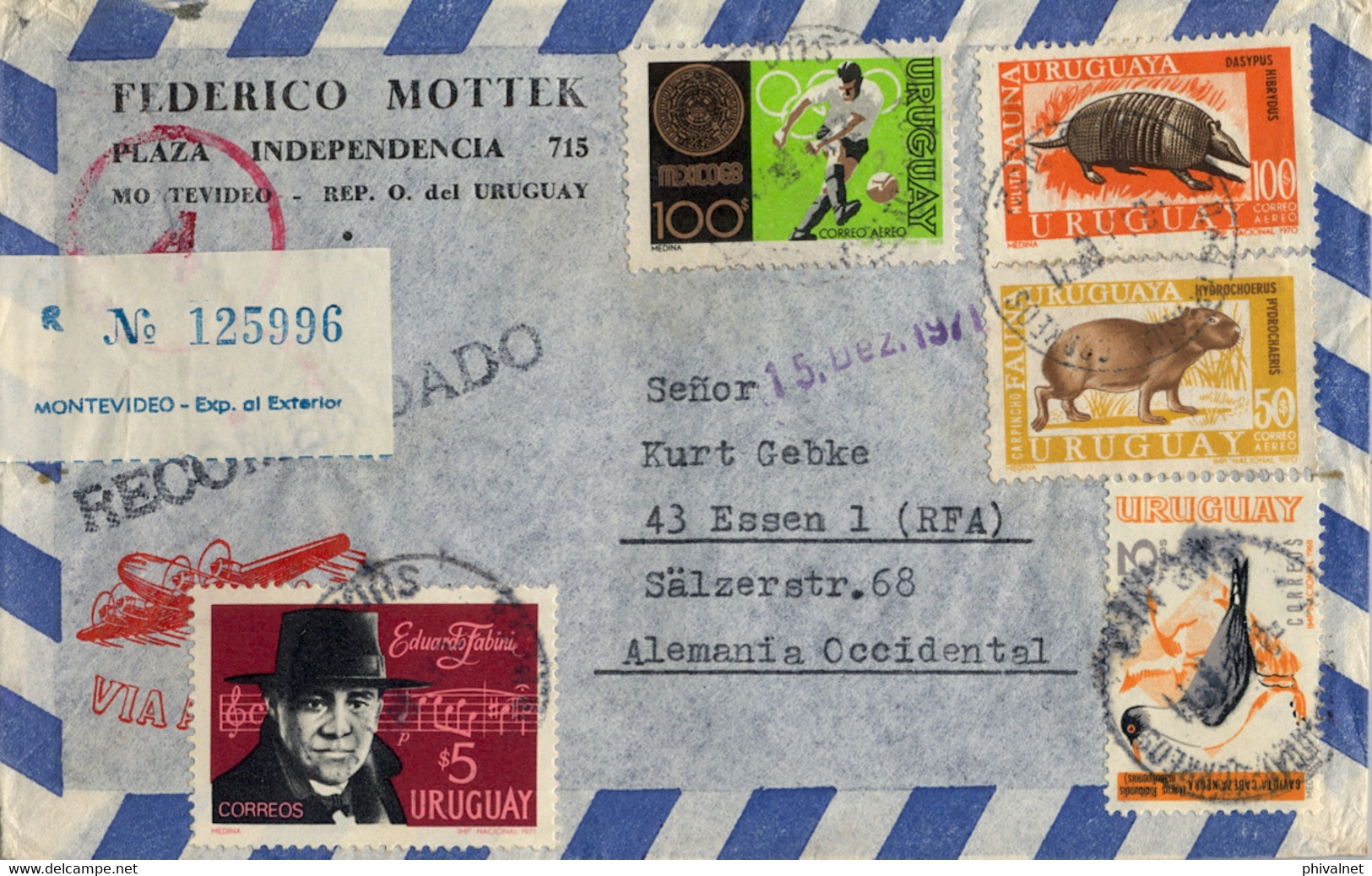 1971  URUGUAY ,  CERTIFICADO , MONTEVIDEO - ESSEN , VIA AÉREA , FÚTBOL , SOCCER , FAUNA URUGUAYA , MÚSICA - Uruguay