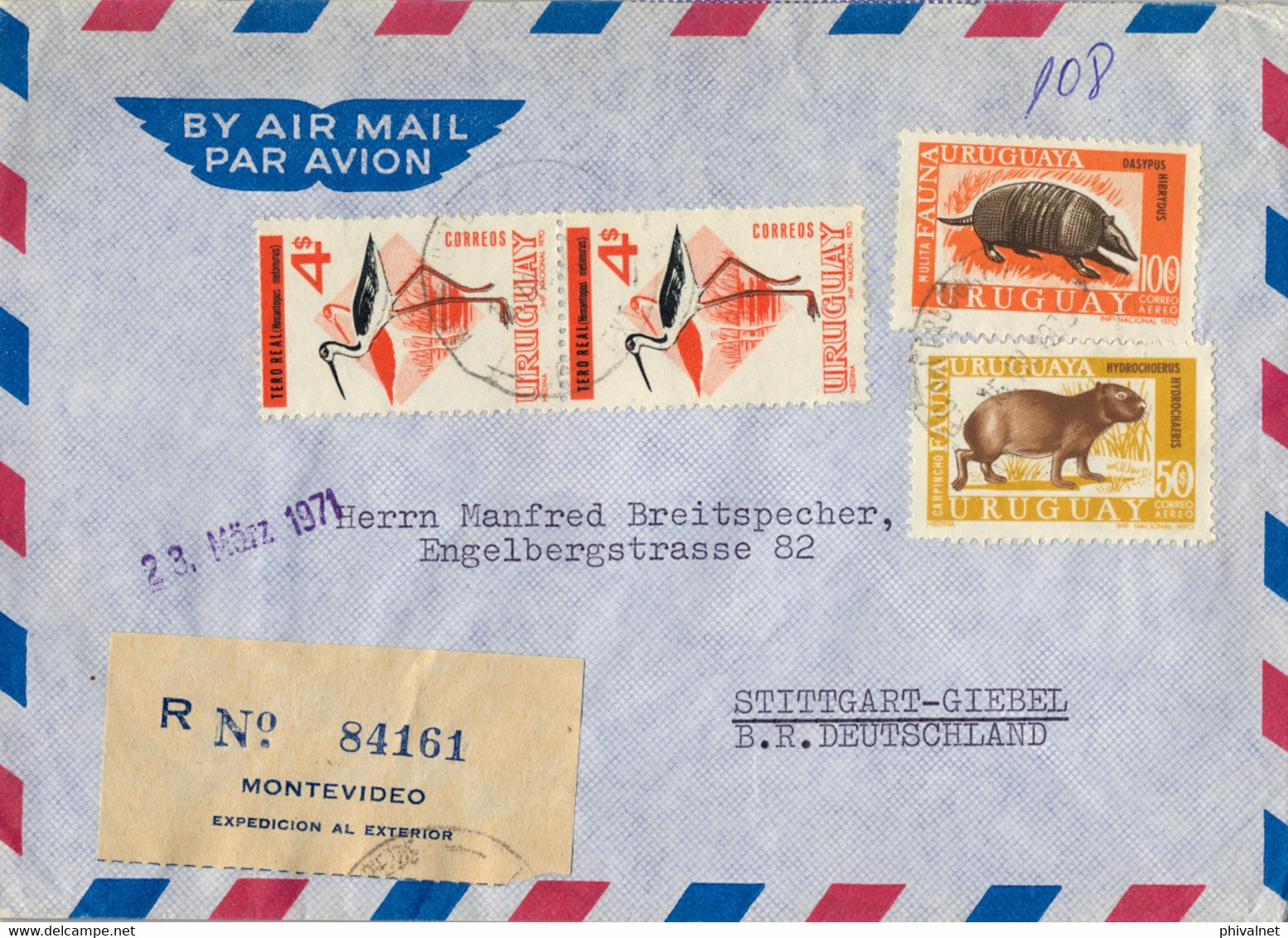 1971  URUGUAY ,  CERTIFICADO , MONTEVIDEO - STUTTGART , VIA AÉREA , FAUNA URUGUAYA , AVES , BIRDS - Uruguay