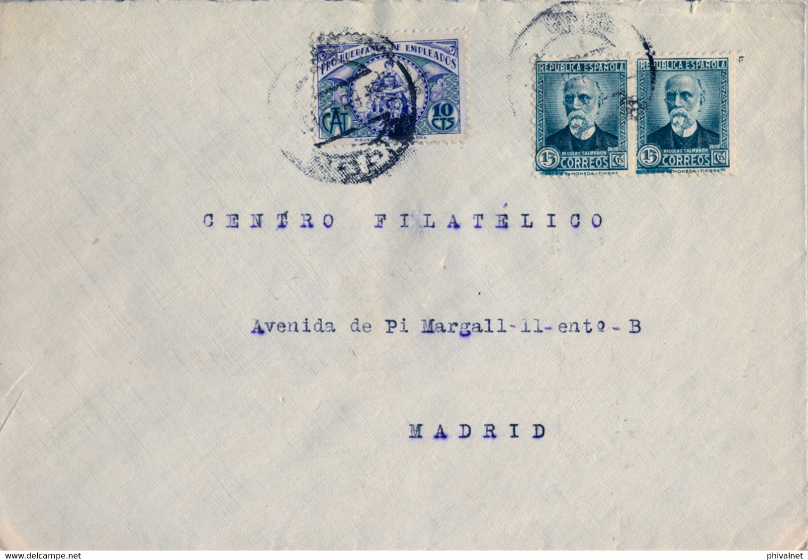 1935 , ASTURIAS , SOBRE CIRCULADO  GIJÓN - MADRID , VIÑETA PRO HUÉRFANOS DE EMPLEADOS , LLEGADA ADMON. PRAL. CARTERIA - Brieven En Documenten