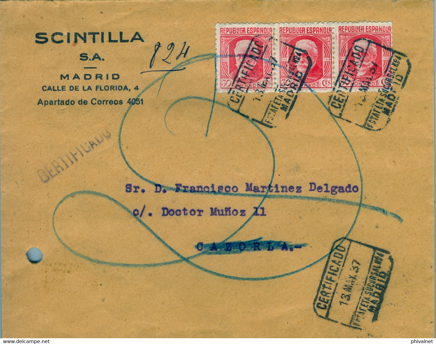 1937 , MADRID - SOBRE CERTIFICADO A CAZORLA , DESTINATARIO AUSENTE , ANOTACIÓN MANUSCRITA AL DORSO . - Brieven En Documenten