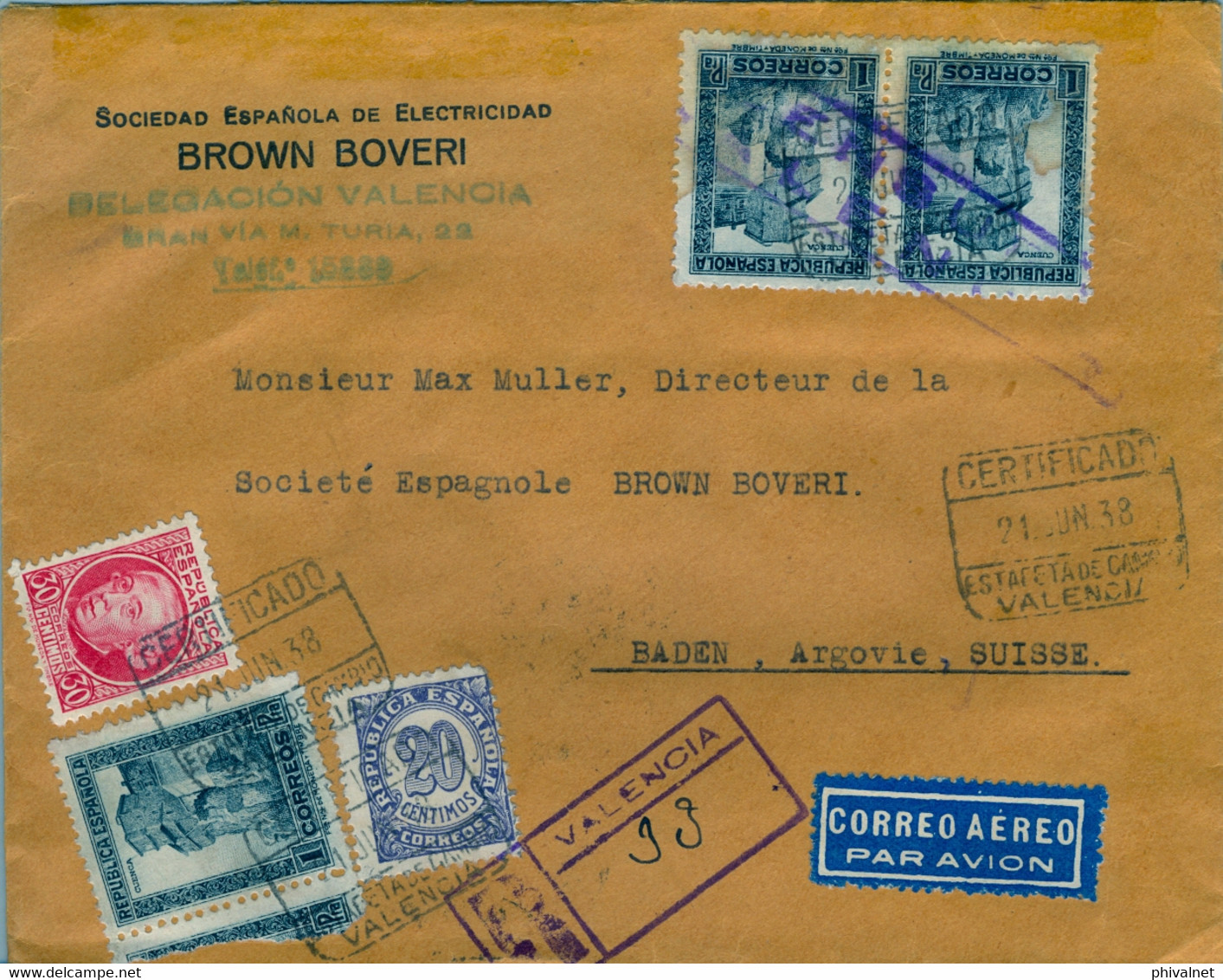 1938 ,VALENCIA - SOBRE CERTIFICADO A BADEN , CENSURA , CORREO AÉREO , TRÁNSITO " LE BOURGET " , LLEGADA - Storia Postale