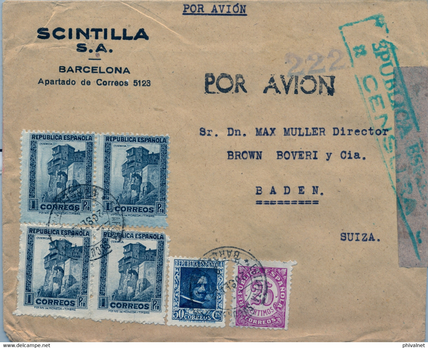 1938 ,BARCELONA - SOBRE CERTIFICADO A BADEN , CENSURA , CORREO AÉREO - Lettres & Documents