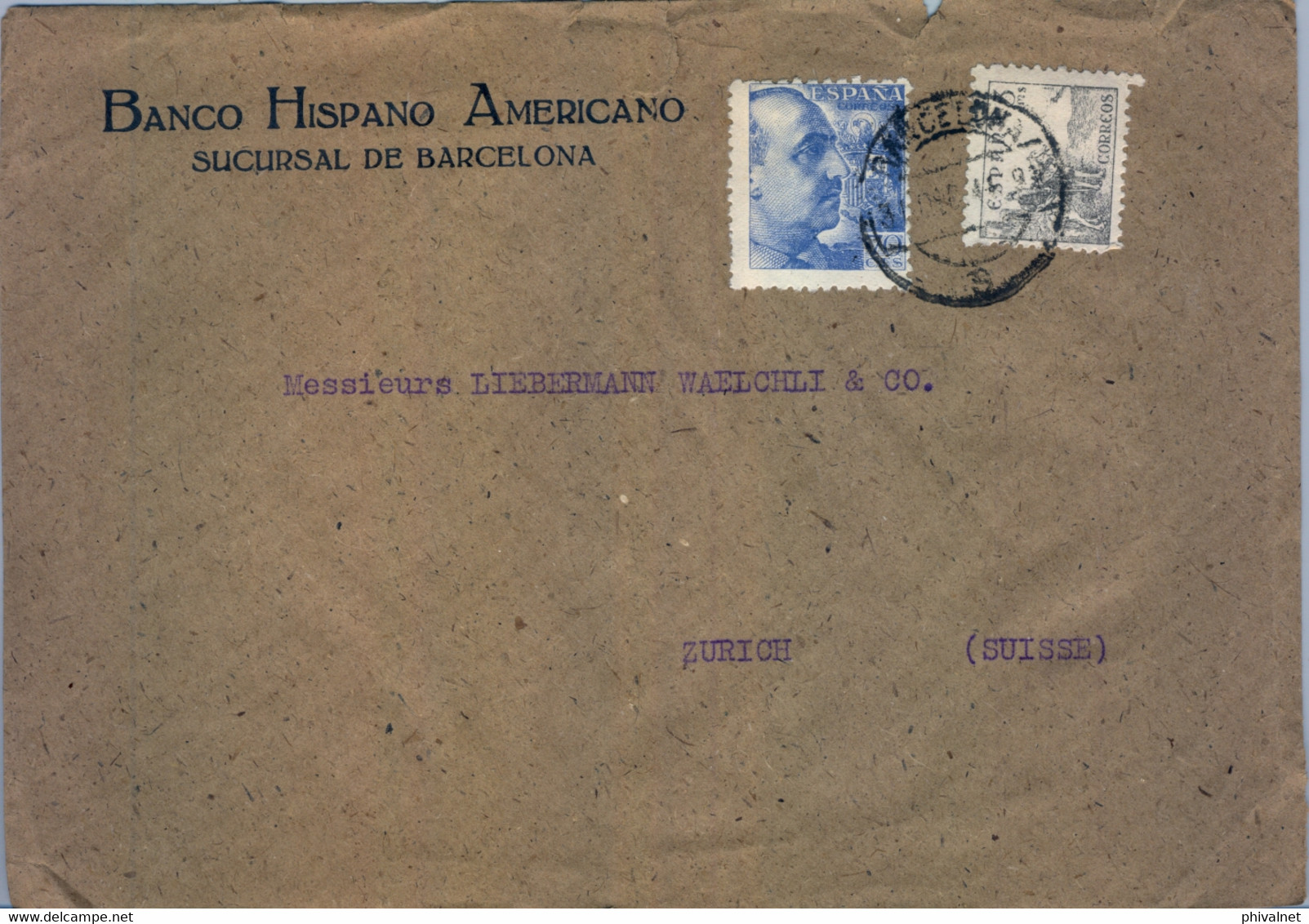 BARCELONA , SOBRE COMERCIAL DEL BANCO HISPANO AMERICANO , CIRCULADO A ZÜRICH , CENSURA GUBERNATIVA - Covers & Documents