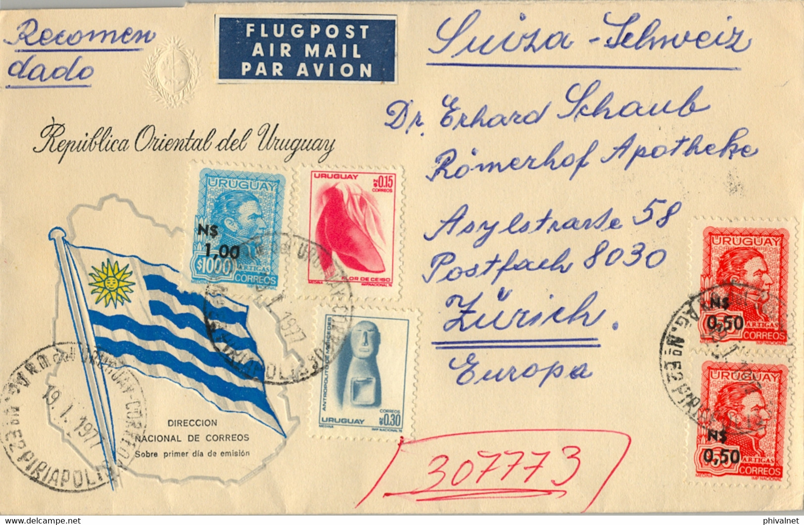 1977 URUGUAY , SOBRE CERTIFICADO , PIRIAPOLIS - ZÜRICH , CORREO AÉREO , LLEGADA AL DORSO - Uruguay