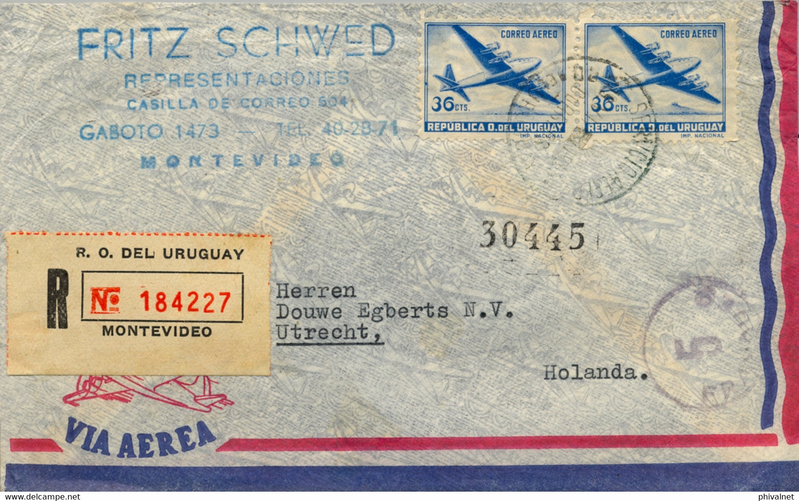 1955 URUGUAY , SOBRE CERTIFICADO , MONTEVIDEO - UTRECHT , CORREO AÉREO , MARCA " FRANQUEO / 5 " - Uruguay