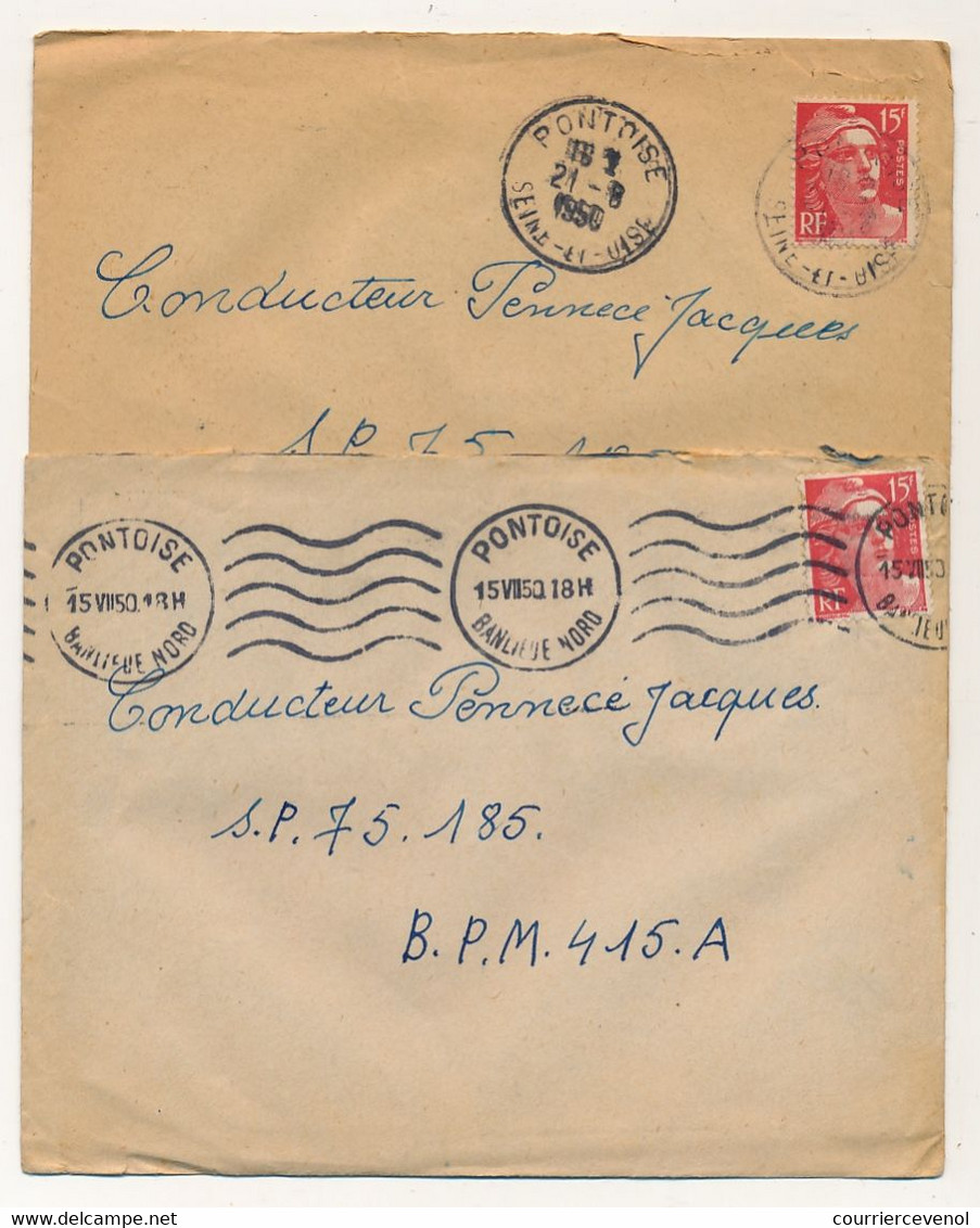 FRANCE - 6 Enveloppes Cachets "Poste Aux Armées" 1950 / 2 Sur 15F Gandon, 2 Sur FM Rouge, 2 En Arrivée Depuis Pontoise - Briefe U. Dokumente
