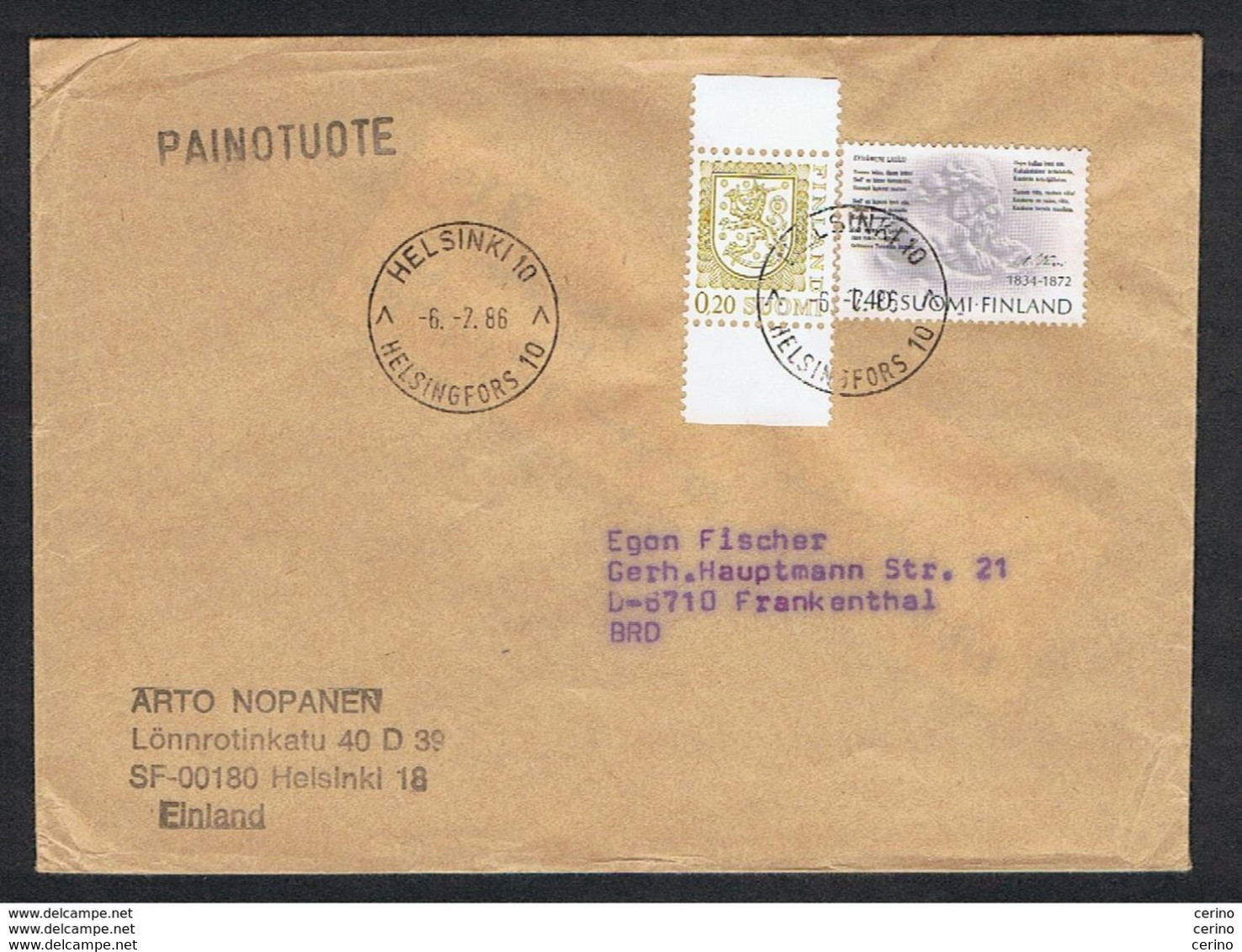 FINLAND: 1986 COUVERT WITH:  20 P. + 1 M.40 (771 + 915) - TO GERMANY - Storia Postale