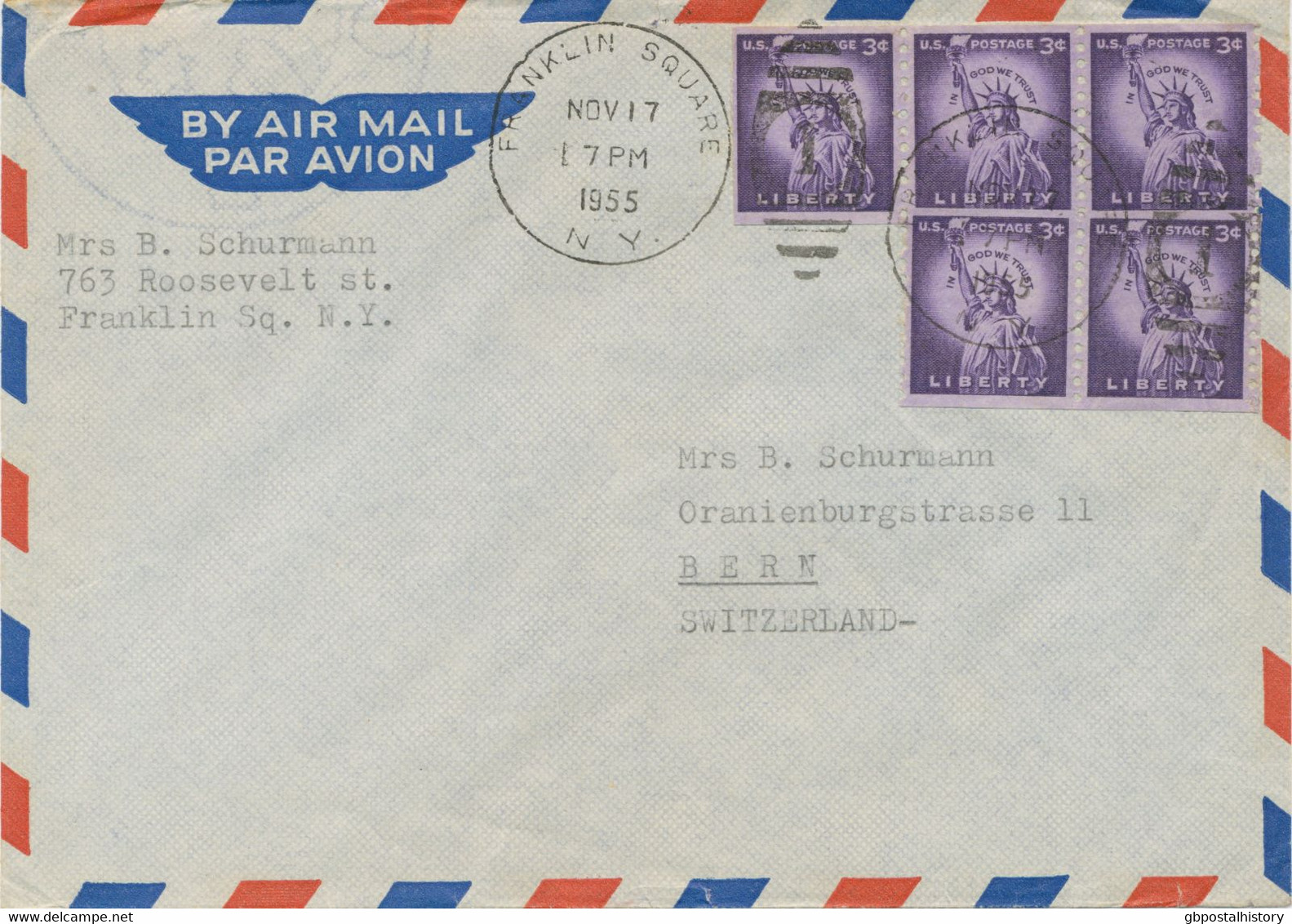 USA 1955 3 C (5x) Coil Stamp LIBERTY Rare Multiple Postage On Superb Air Mail Cover W Duplex Postmark „FRANKLIN SQUARE / - Cartas & Documentos