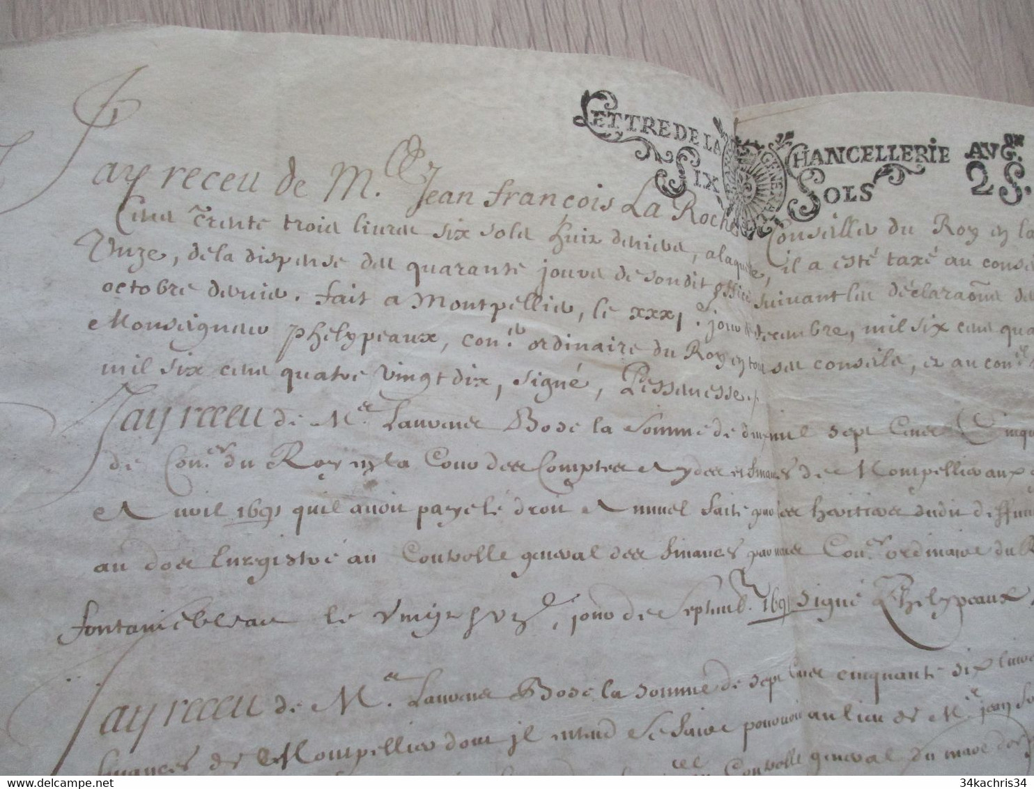 1691 Pièce Signée Sur Velin Gamarze Fillipeaux Bousselin X 3 Reçu Par La Roche - Manuscrits