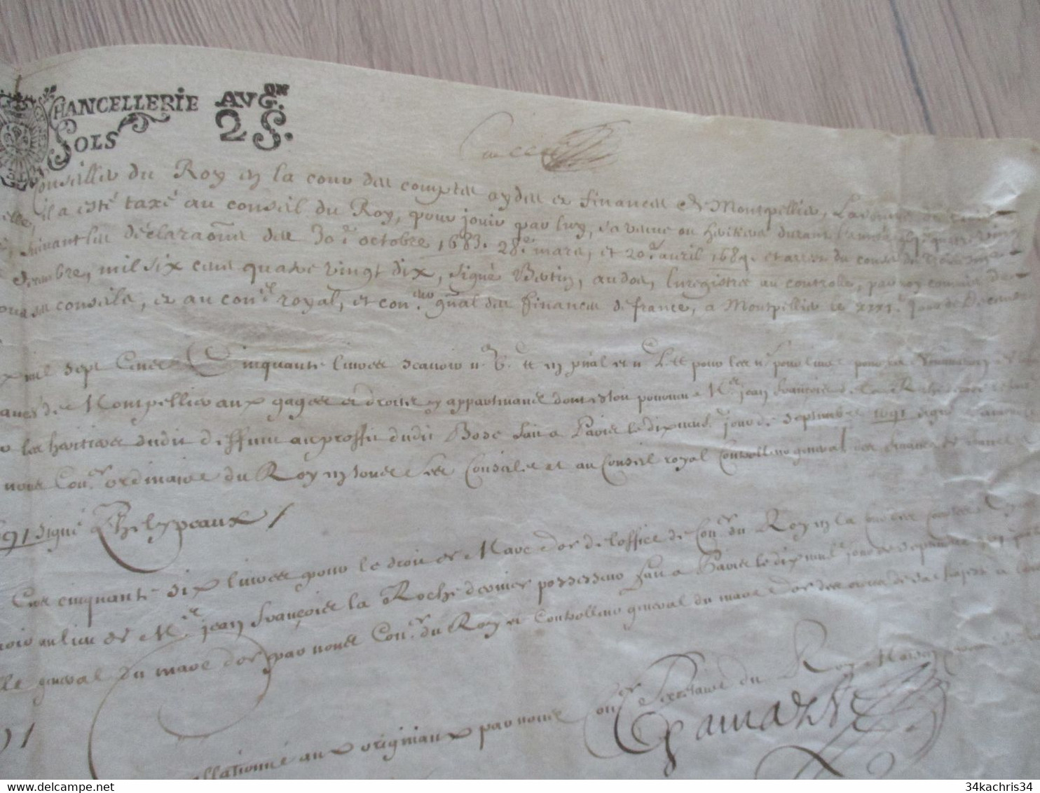 1691 Pièce Signée Sur Velin Gamarze Fillipeaux Bousselin X 3 Reçu Par La Roche - Manuscripts