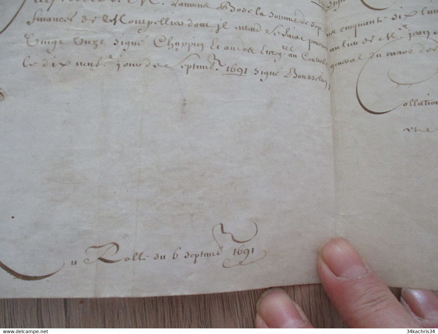 1691 Pièce signée sur velin Gamarze Fillipeaux Bousselin X 3 reçu par La Roche