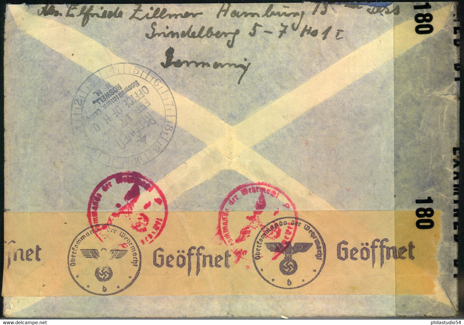 1943, Kriegsgefangenenbrief Per Luftpost Ab HAMBURG An Einen Deutschen Saoldaten In CAMP ROSWELL N-M- - Poste Aérienne & Zeppelin