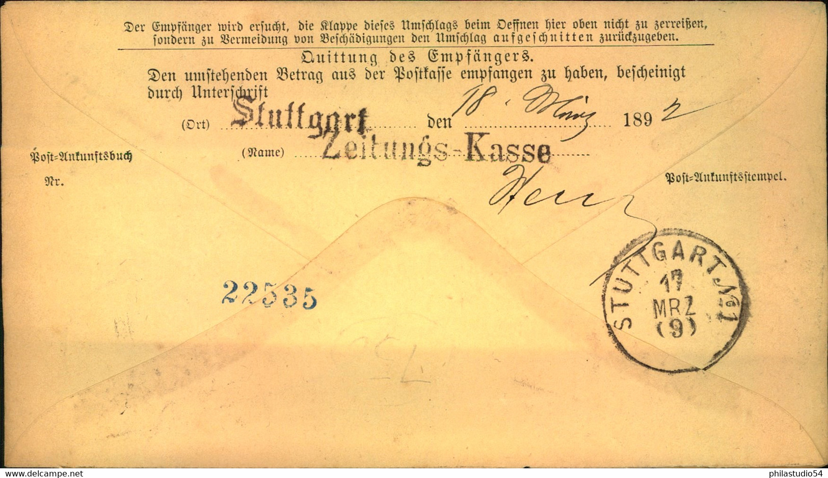 1892, Postanweisung über 20 Pf- Von HORB Nach Stuttgart - Briefe U. Dokumente