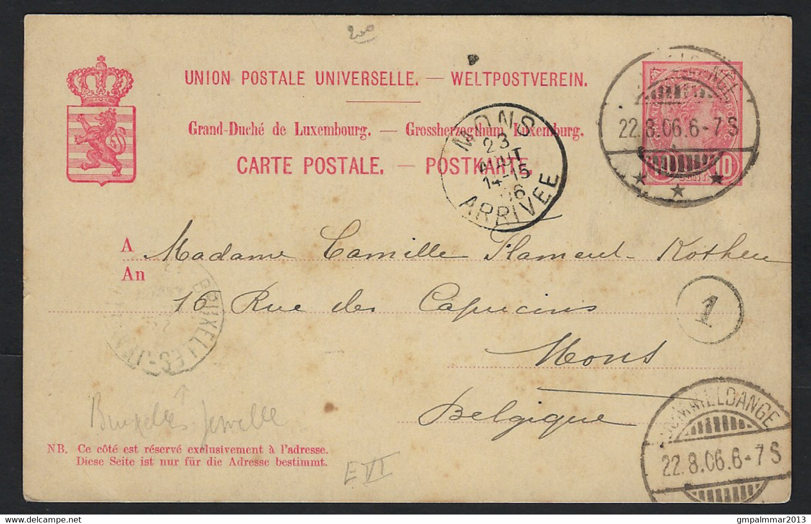 Carte Postale DUMMELDANGE à MONS BELGIQUE Avec Cachet Ambulant BRUXELLES - JEMELLE ; état + Details Voir Scan ! LOT 193 - 1895 Adolphe De Profil