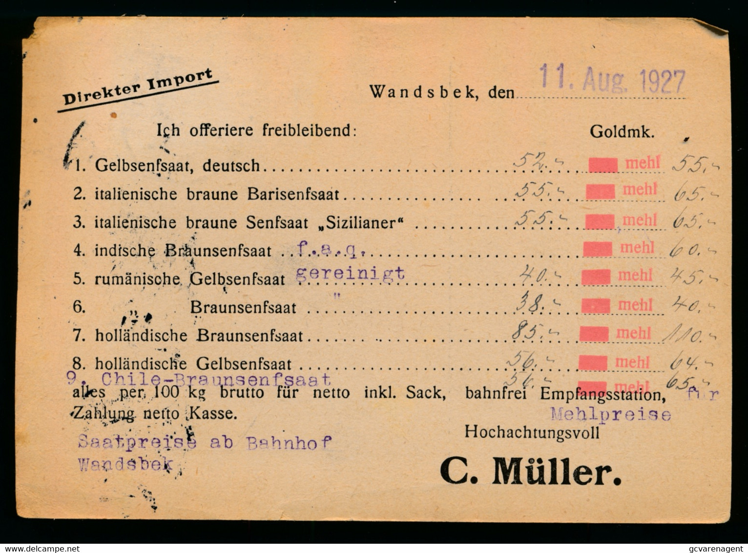 POSTKARTE  - C.MÜLLER - ESSIG - UND SENFFABRIK (ÖLMÜHLE ) WANDSBEK           2 SCANS - Wandsbek