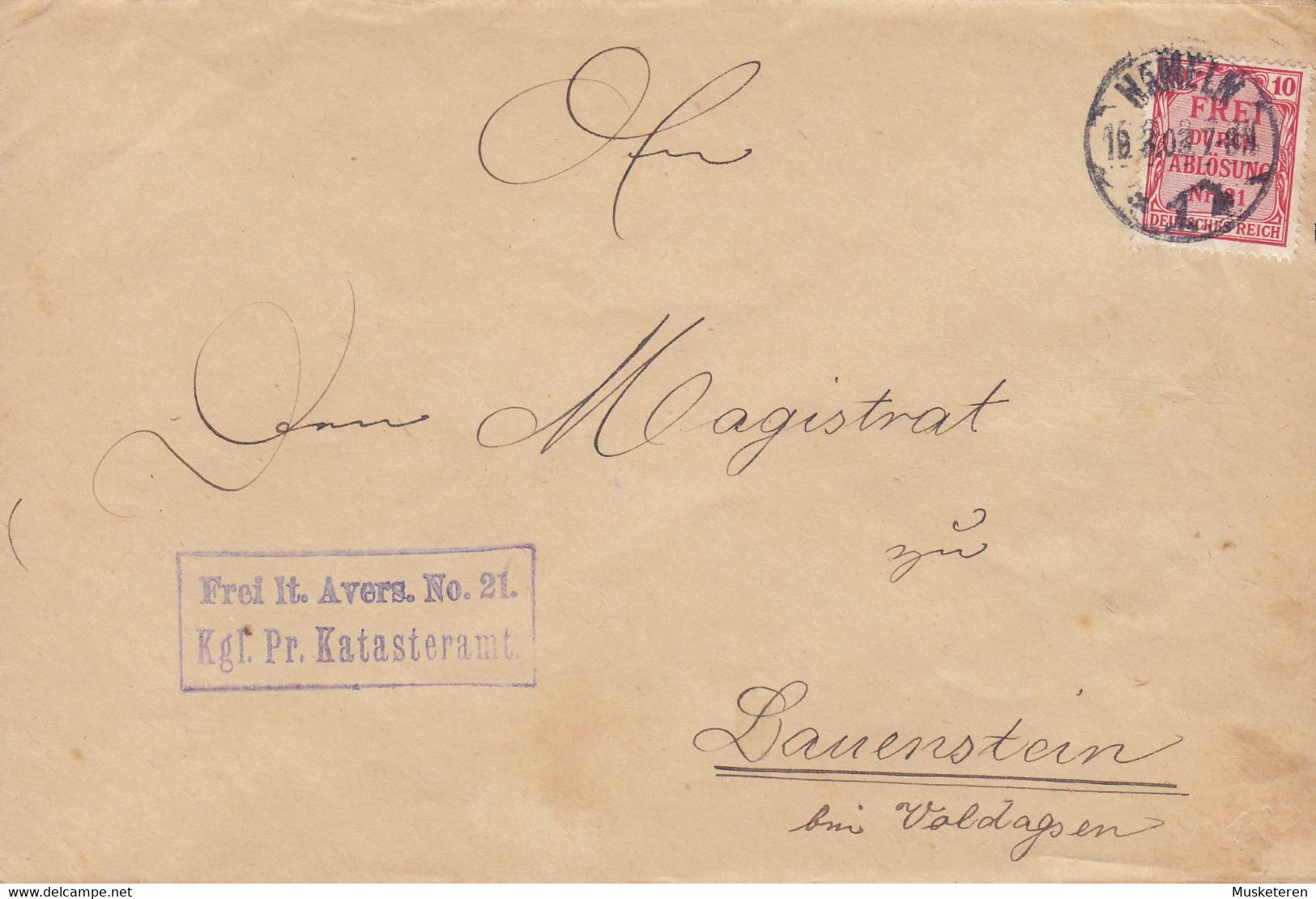 Deutsches Reich Kgl. Preusissche Katasteramt Purple Cds. HAMELN 1903 Cover Brief LAUENSTEIN 10 Pf. Frei Durch Ablösung - Servizio